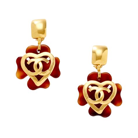 vintage chanel tortoise shell clover motif 24kt gold plated earrings|Vintage Chanel earrings.